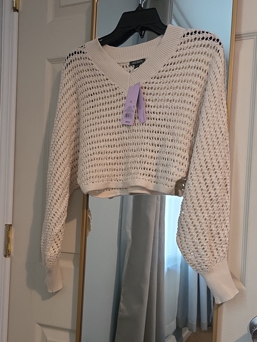 Wild Fabe Cream Open-Knit V-Neck Cropped Sweater